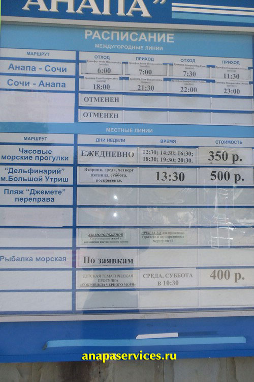 Расписание морских прогулок из мор.порта Анапы, год 2013