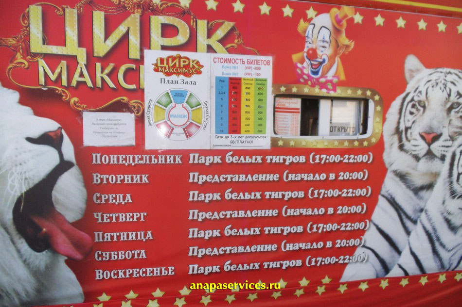 Расписание и цены цирка "Максимус" в Анапе, 2013 год